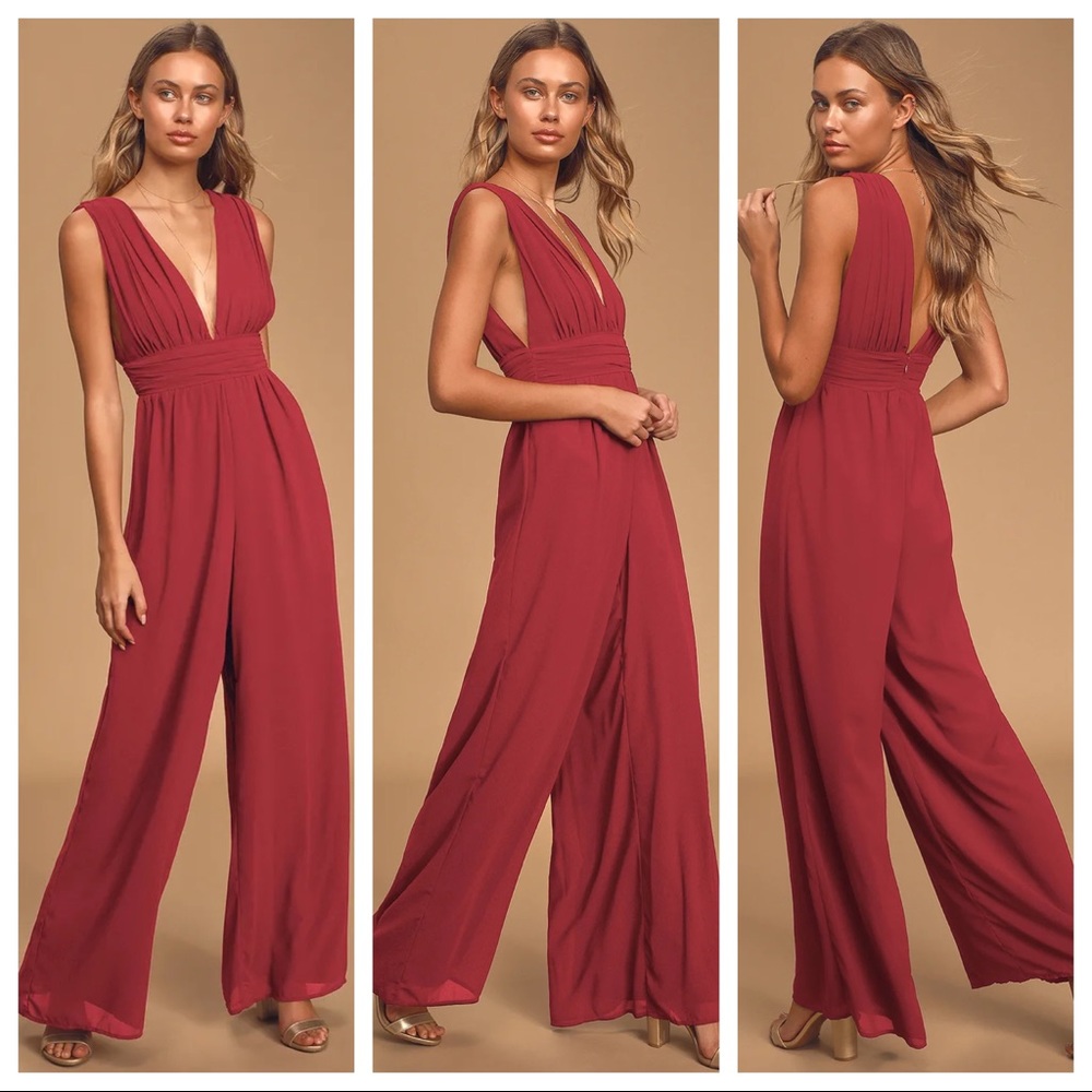 LULUS Divine Muse Burgundy Wide-Leg Jumpsuit Size XS NWT
